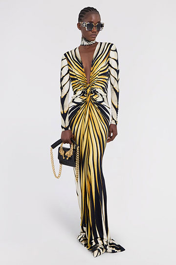 Ray Of Gold Print Long Dress with Deep V-neck