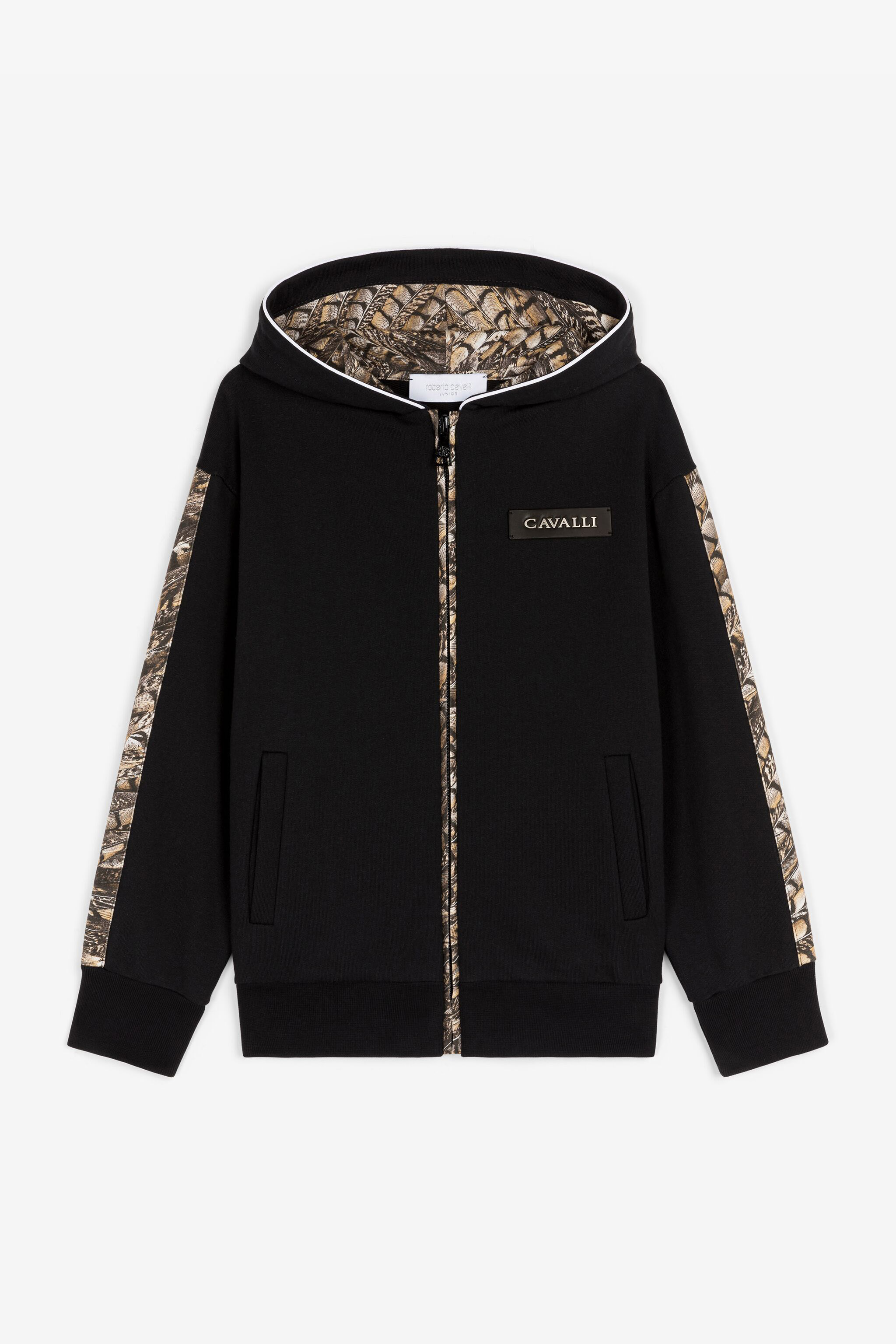 Falcon Print Cotton Hoodie in Black for Boys Roberto Cavalli