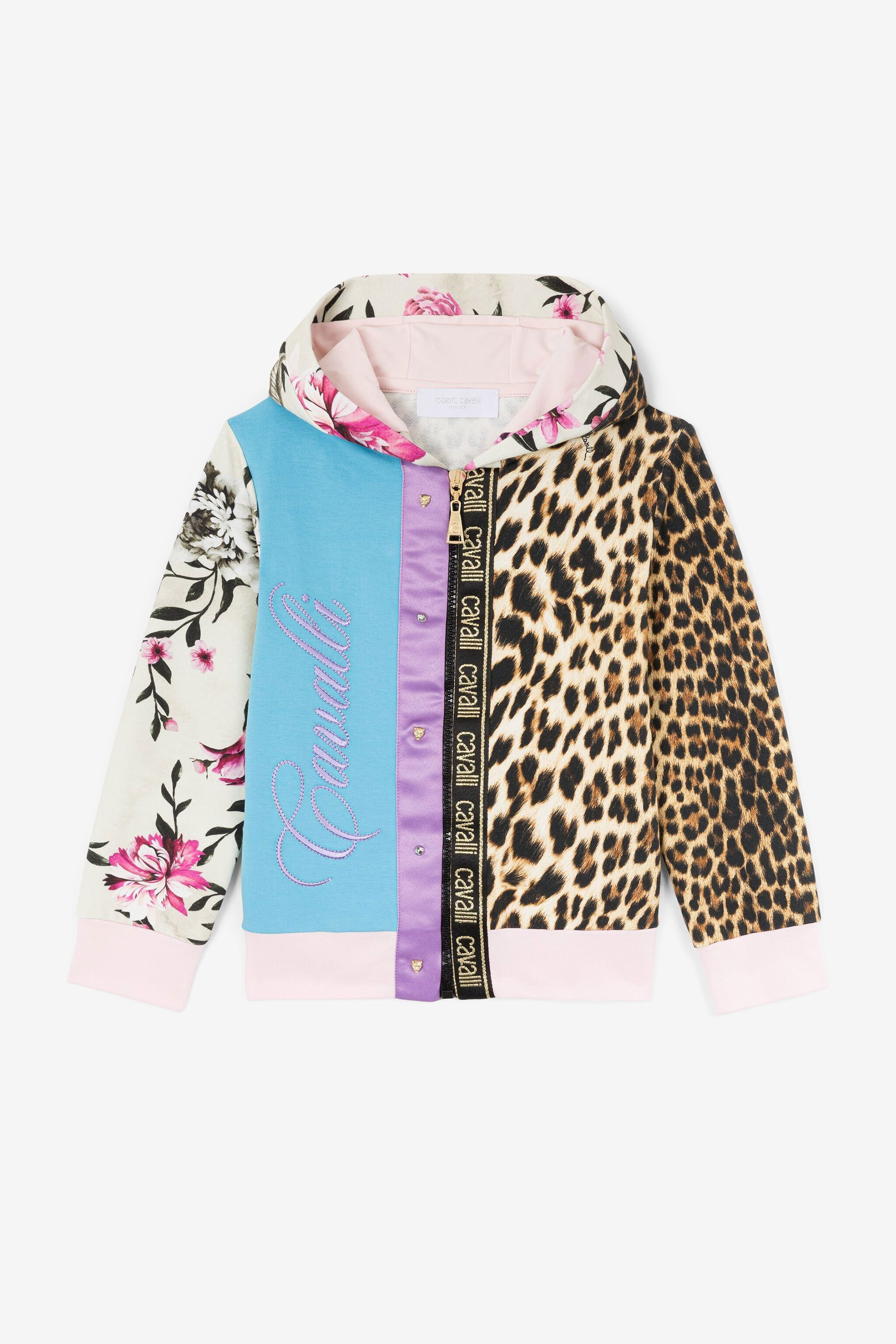 Leopard And Flower Print Zip Hoodie in NATURALE MULTI for Girls Roberto Cavalli