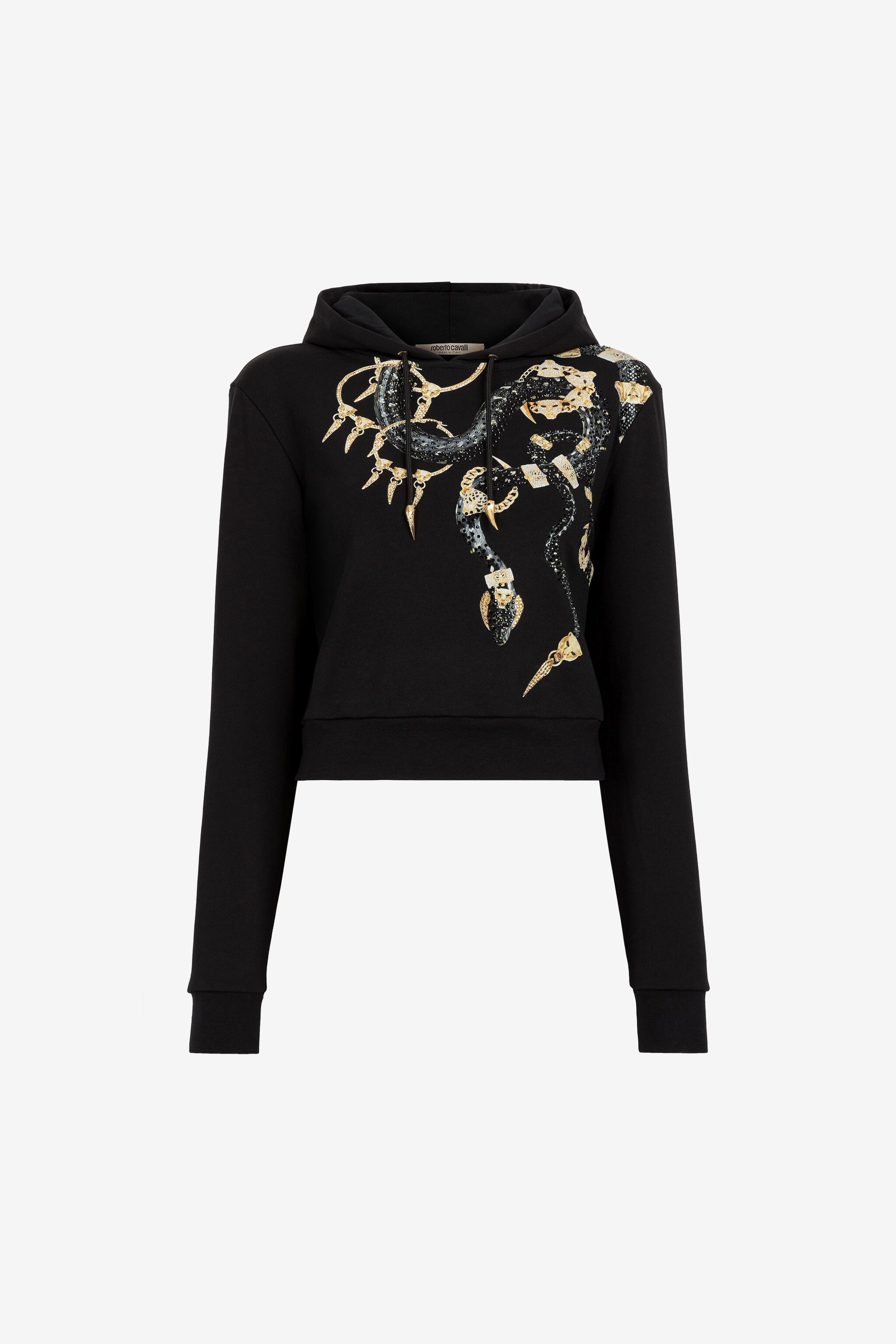 Snake And Logo-Print Cotton Hoodie | BLACK | Sale | Roberto Cavalli BR