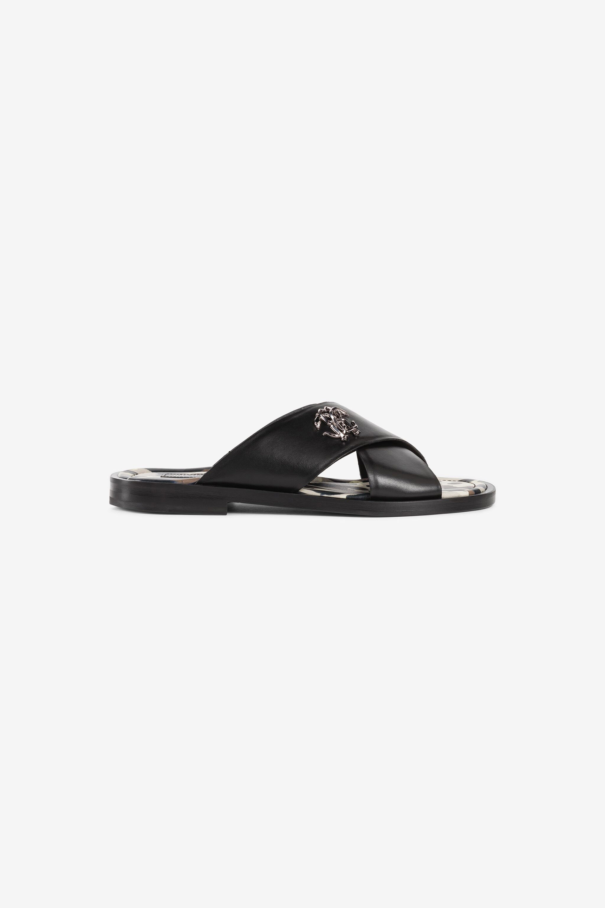 Roberto cavalli leather online crisscross slides