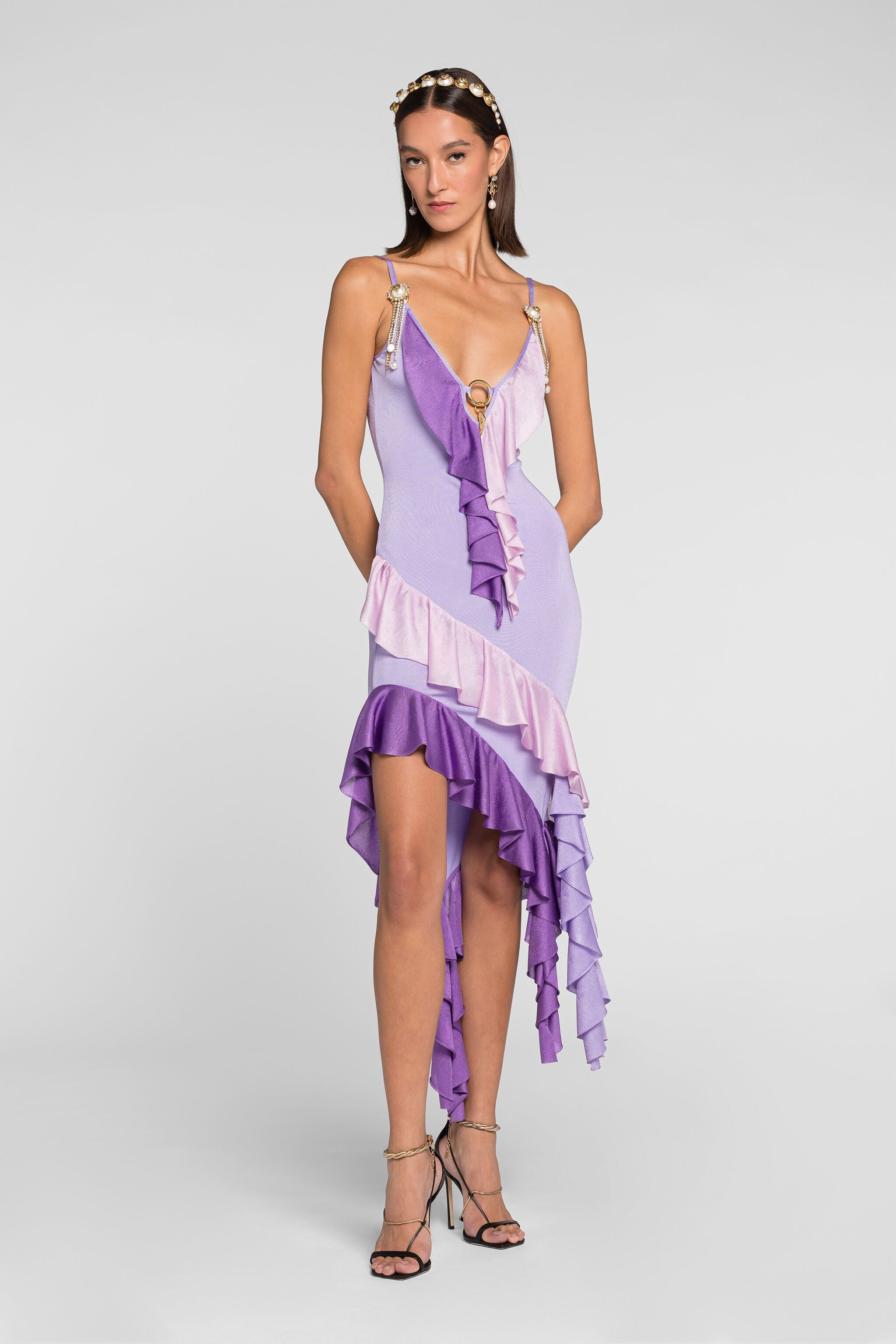 Ruffled asymmetric plunge dress | LILAC | Last chance | Roberto